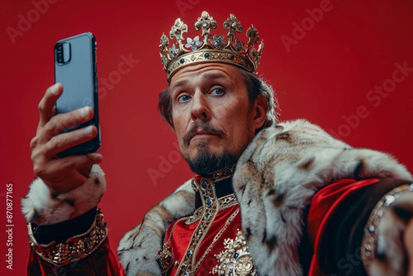 Fototapeta Narcissism concept, a man dressed as a king taking a selfie of himself