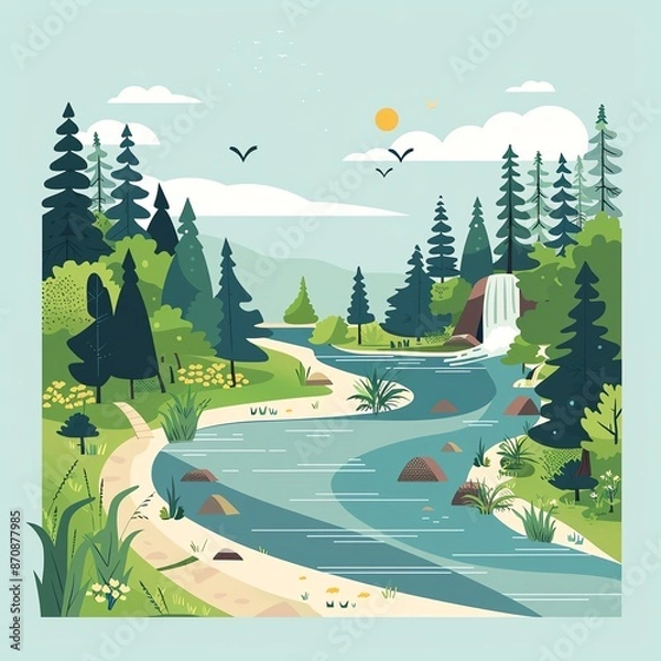 Obraz River nature trail, following the water, flat design illustration