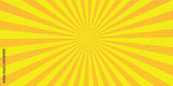 Fototapeta Yellow abstract background with light of sunburst. yellow starburst with halftone. sun ray retro background with flash