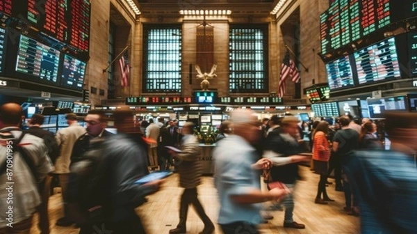 Fototapeta Blurred motion of traders and investors on a bustling stock exchange trading floor with numerous digital displays.