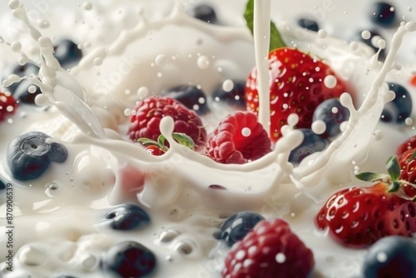 Fototapeta milk and cream pouring into a bowl with fruit as milk splashes. stock photo, high resolution photography, ultra realistic, detailed