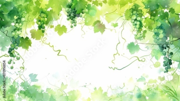 Obraz Pastel grapevine frame with green grapes and leaves ideal for elegant text placement