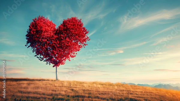 Fototapeta Heart Shaped Tree In Field At Sunset.