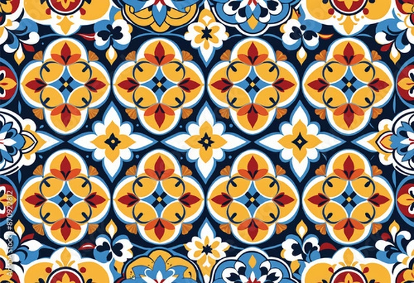 Fototapeta a blue and yellow pattern of a traditional talabera tiles with a floral design and geometric shapes