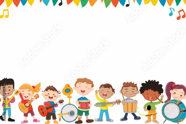 Fototapeta A clipart illustration of a children's choir singing in front of a white background in the style of a cartoon