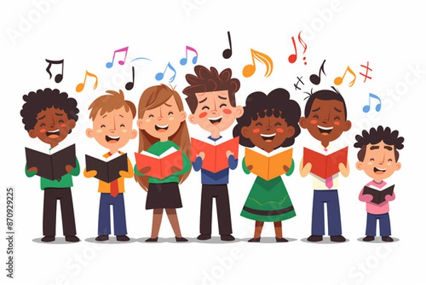 Fototapeta A clipart illustration of a children's choir singing in front of a white background in the style of a cartoon