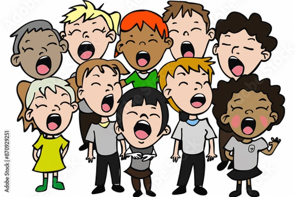 Fototapeta A clipart illustration of a children's choir singing in front of a white background in the style of a cartoon