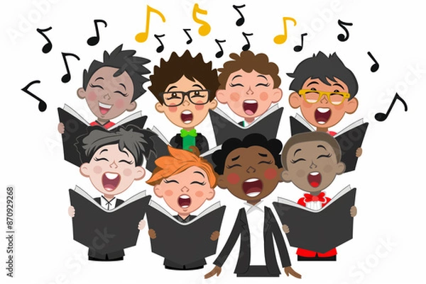 Fototapeta A clipart illustration of a children's choir singing in front of a white background in the style of a cartoon