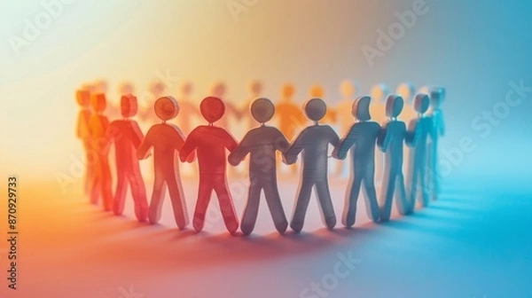Fototapeta A diverse group of people stand in a circle, hands clasped, symbolizing unity and togetherness.  The warm and cool lighting creates a sense of harmony.
