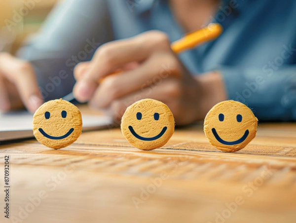 Obraz Three smiling faces are on a table with a pen