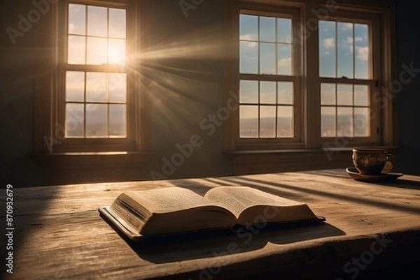 Fototapeta An old book sits open on a desk in front of a window letting in light from the rising or setting sun
