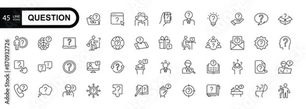 Fototapeta Simple set of question related vector line icons. Question mark, surprised man, dialog, search for answers. Editable stroke. 