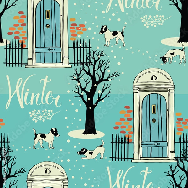 Fototapeta Doors, dogs, snow and winter trees. Seamless background