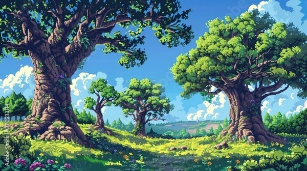 Fototapeta Beautiful animated landscape with large trees and blue sky, creating a serene, peaceful environment perfect for nature-themed projects.