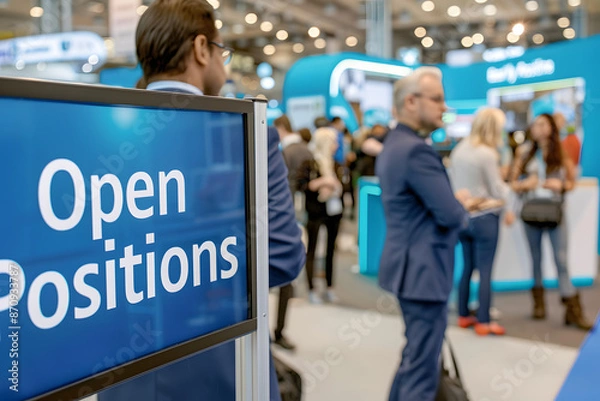 Obraz A professional image of a recruitment desk at a job fair with "Open Positions" displayed on a digital screen
