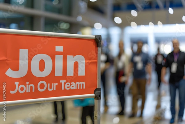 Obraz A bright and welcoming photo of a job fair with a banner that reads "Join Our Team" in bold letters 