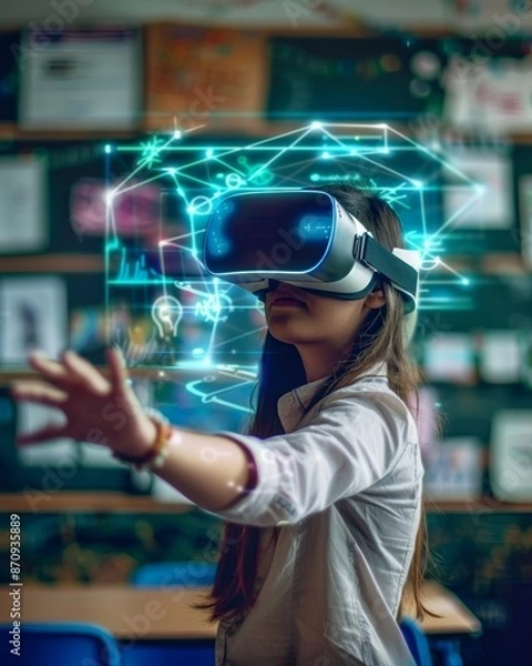 Fototapeta School student with VR headset using AI artificial intelligence technology & machine learning. Interactive technology in classroom. Innovation & smart tech.