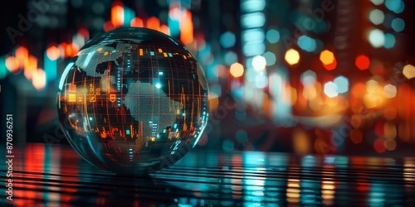 Fototapeta Conceptual image of a crystal ball with cryptocurrency market predictions and digital graphs inside, representing the speculative and predictive nature of the cryptocurrency market