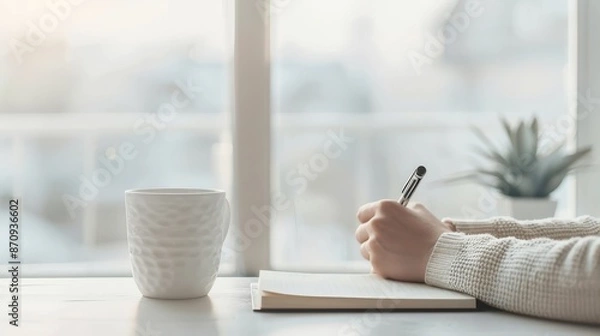 Fototapeta Gentle morning routine with a person journaling by the window, Slow living, Reflective and calm start