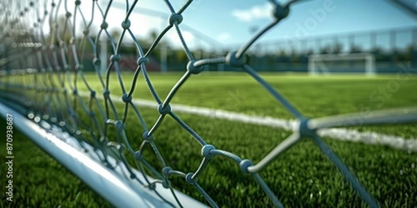 Fototapeta Soccer field and goal net as if viewed through the door, Depth of Field, 