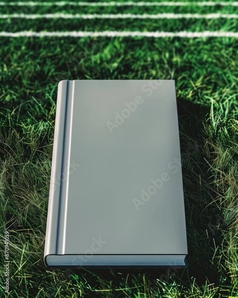 Fototapeta Photo of a book mockup, the book cover is blank, the background is a football field, seen from below with the cover in the foreground, mockup