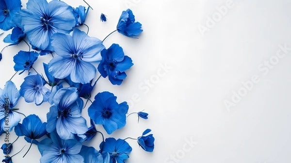 Fototapeta An elegant composition of blue flowers on a clean white background, showcasing the contrast between the vivid blue hues and the simplicity of the white space