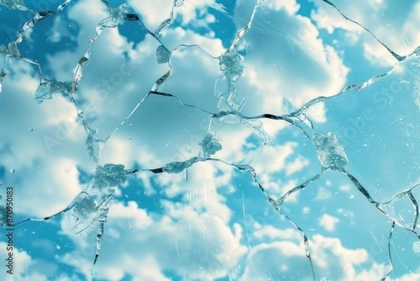 Fototapeta Cracked transparent glass texture with blue sky cloud background. ai generative