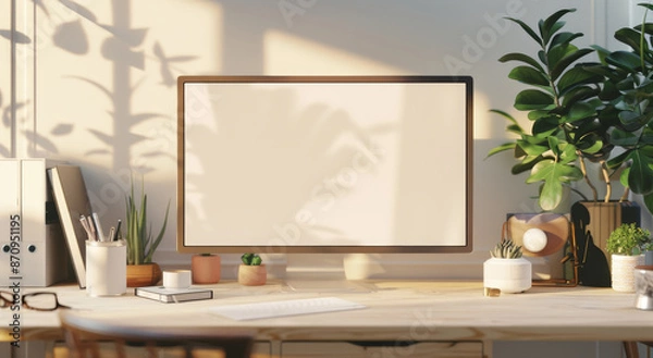 Fototapeta A computer monitor sits on a desk with a potted plant and a few other items by AI generated image
