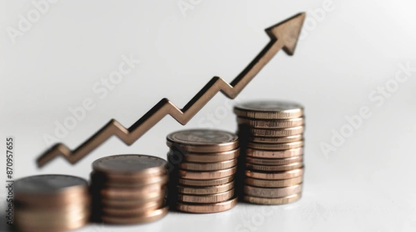 Fototapeta neatly stacked coins with an upward-pointing arrow, symbolizing financial growth 