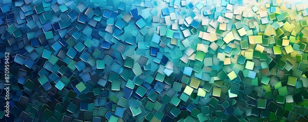 Fototapeta A mosaic pixel background with a mix of cool colors like blue, teal, and green. The refreshing hues and pixel arrangement create a calm and serene pattern.