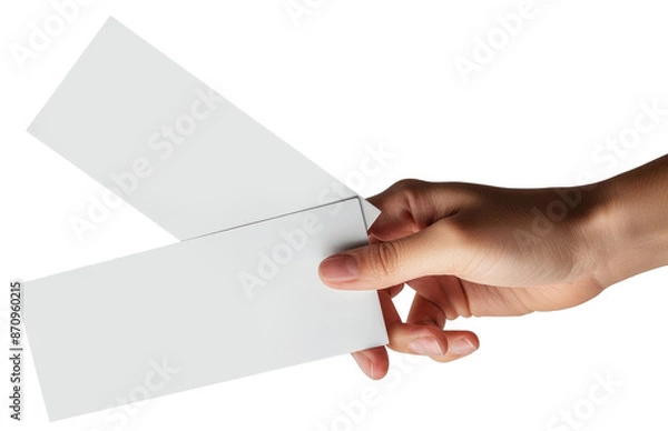 Fototapeta hand holding two blank sheets of paper isolated on white or transparent background. tickets, invitations, coupons, flyers
