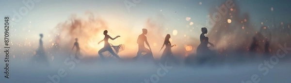 Fototapeta Silhouettes of people moving through foggy landscape with sunlight in background, creating a dreamlike and surreal atmosphere.