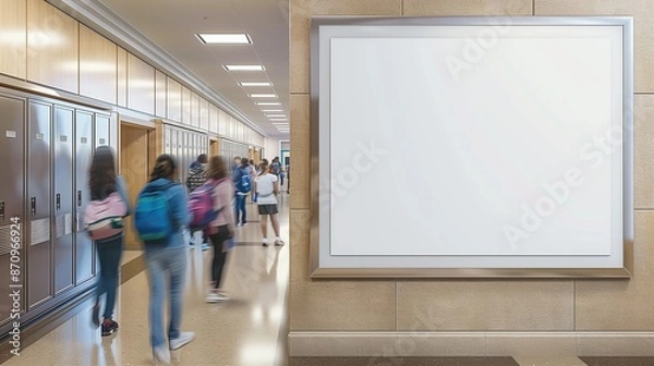 Obraz A blank poster mockup on a school hallway bulletin board, with lockers and students moving in the background