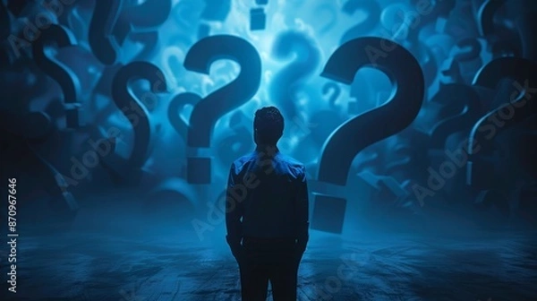 Obraz A man stands in front of a wall of many questions