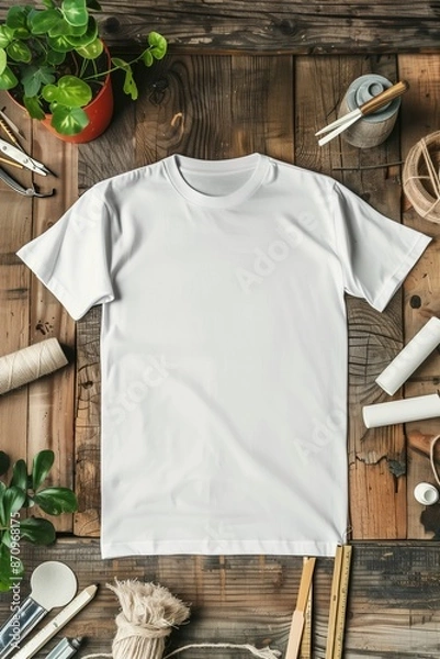 Obraz A blank t-shirt mockup laid flat on a rustic wooden table, surrounded by crafting materials and a potted plant.