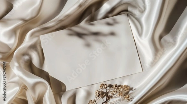 Obraz A minimalist composition of a blank white paper card resting delicately on satin fabric, adorned with dried flowers. Soft natural light highlights the textures and elegance of the arrangement.
