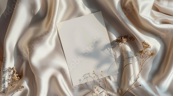 Obraz A minimalist composition of a blank white paper card resting delicately on satin fabric, adorned with dried flowers. Soft natural light highlights the textures and elegance of the arrangement.