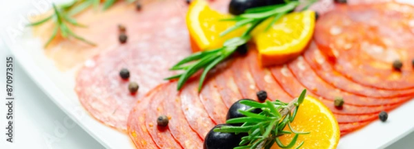 Fototapeta A plate of cold meat with a slice of orange on top