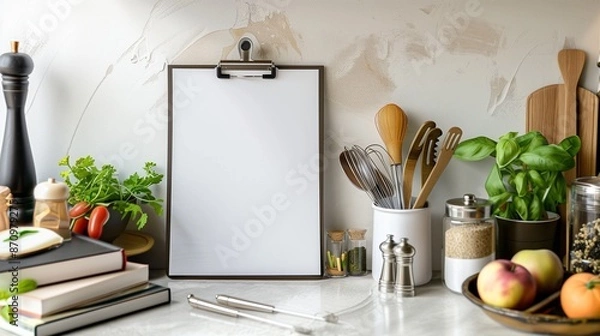 Obraz Modern kitchen counter with a blank white mockup page on a clipboard, next to a recipe book, utensils, and fresh ingredients ready for cooking.