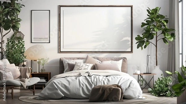 Obraz Spacious bedroom with a blank mockup frame above a minimalist bed, surrounded by elegant, simple decor and a touch of greenery.
