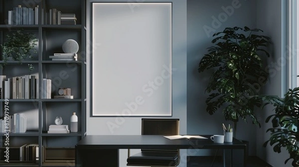 Obraz Stylish home office featuring a blank wall poster mockup, a sleek black desk, a modern chair, and a bookshelf filled with neatly arranged items, lit by natural light.