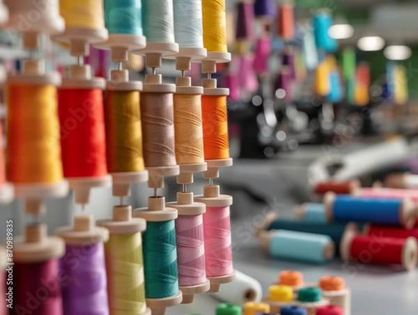 Fototapeta A Close-Up View of a Thread Spool Rack with Various Colored Thread