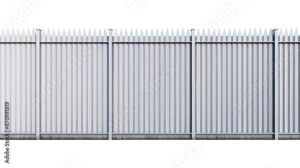 Fototapeta Long, sturdy metal fence with vertical bars providing security and privacy, isolated on a white background.