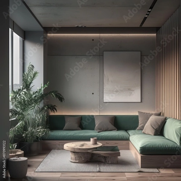Fototapeta Modern living room with large windows and indoor plants