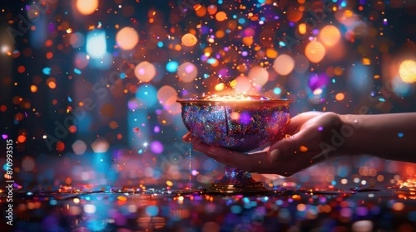Obraz Hand holding a vibrant, glowing bowl with colorful particles, creating a magical and festive atmosphere with bokeh lights.