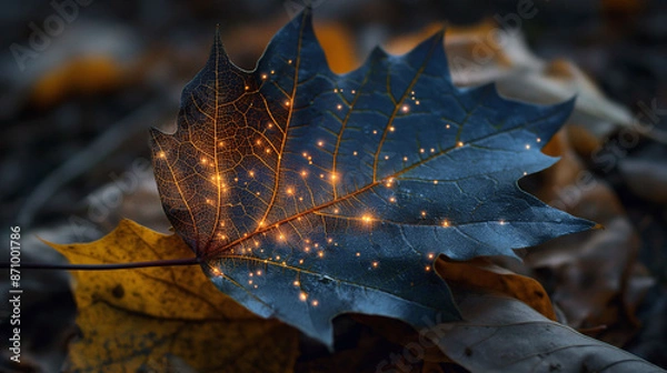 Obraz Single Leaf with Tiny Glowing Constellations Etched on Its Surface