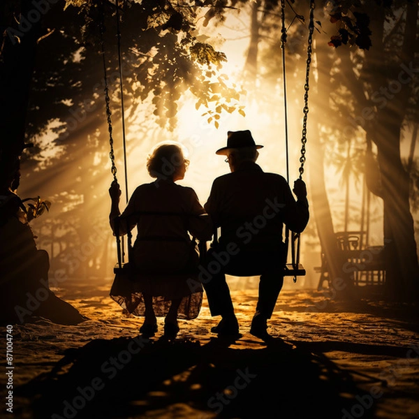 Fototapeta Old couple sitting during sunset