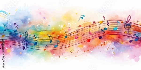 Fototapeta Watercolor musical notes in long and narrow background.