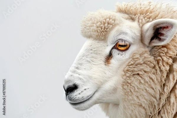 Fototapeta Close-up of sheep with curly wool on white background.