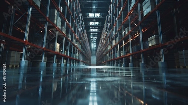 Fototapeta Modern Warehouse Interior with Shelves and Aisles, Perspective view inside a modern warehouse with endless aisles of shelves stocked with goods, reflecting on a glossy floor.